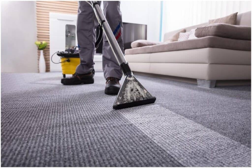 Steam cleaning carpet in living room